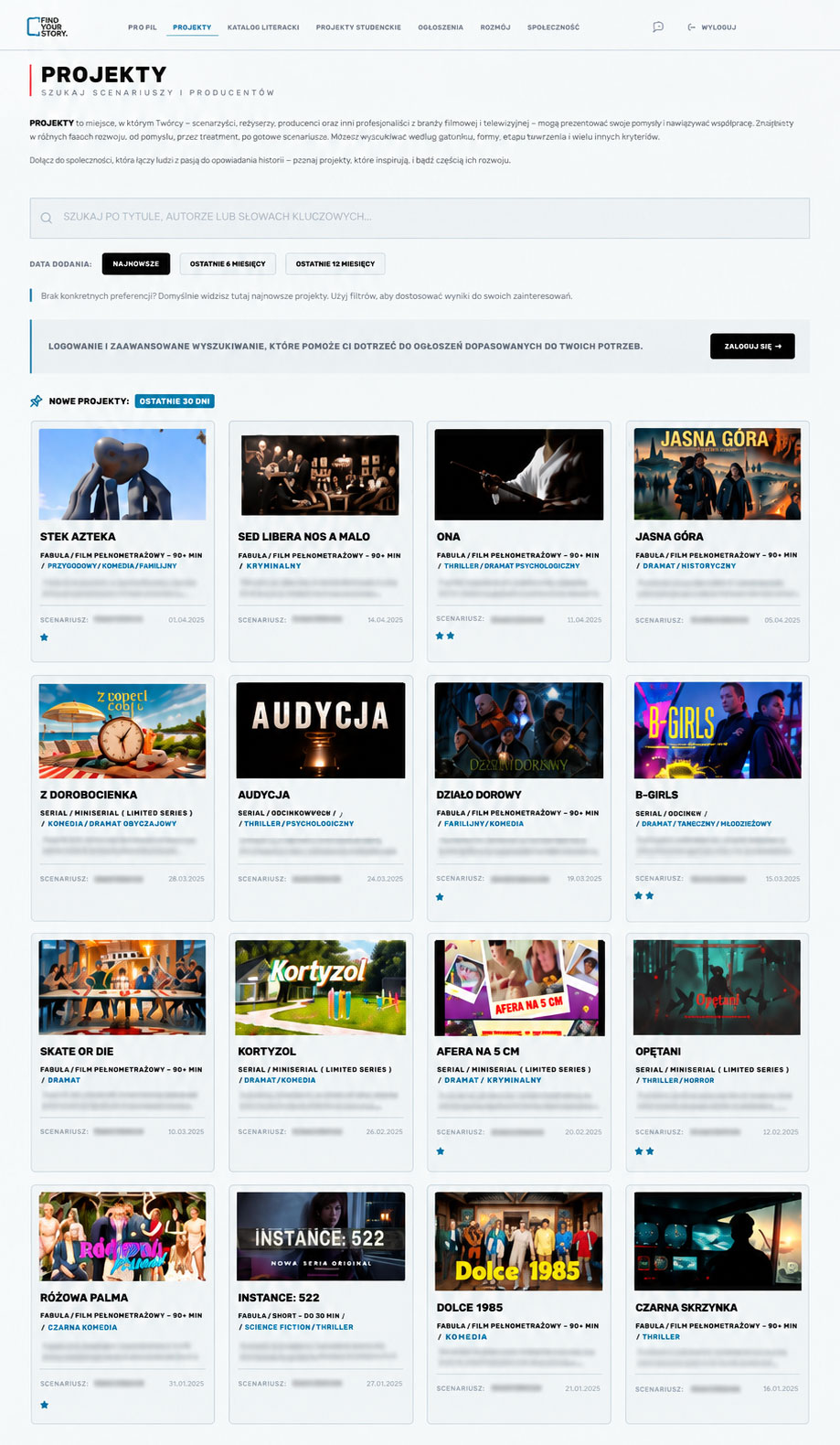 Katalog projektów filmowych w aplikacji Find Your Story